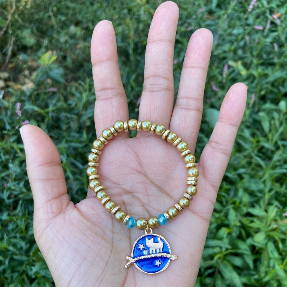 Blue Plated Enamel Cat Moon Star Celestial Charm Glass Bead Stackable Bracelet